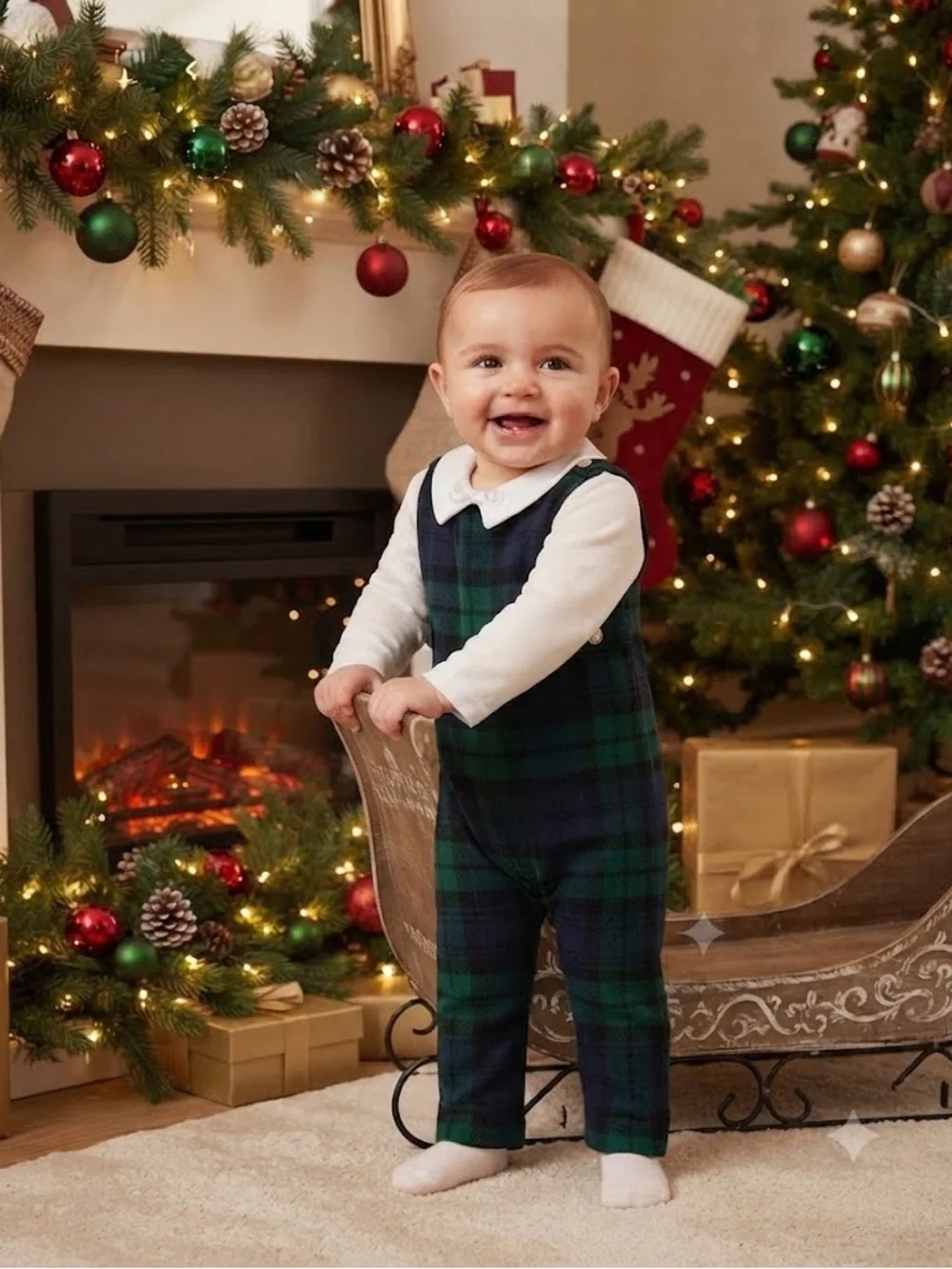 Ralph Lauren Wool Green and Navy Plaid Infant Romper with White Collared Shirt